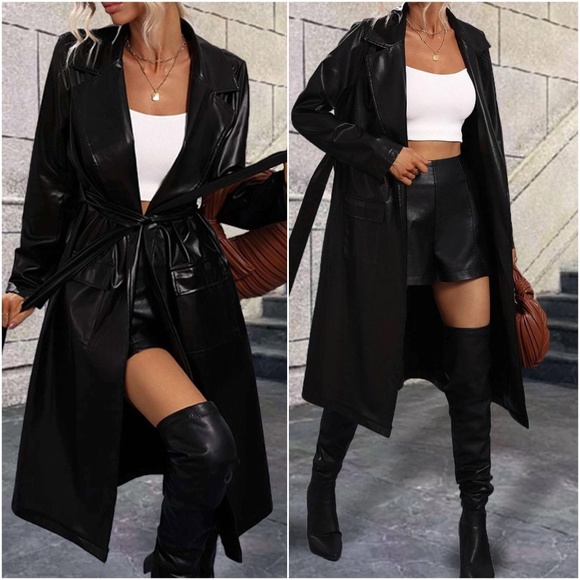 Luxe Vegan Leather Belted Minimalist Trench Coat Jacket - Picture 2 of 7